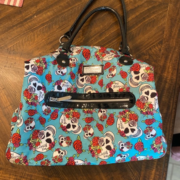 Women's Skull and Roses Tote Bag - Blue and Red - Picture 2 of 7